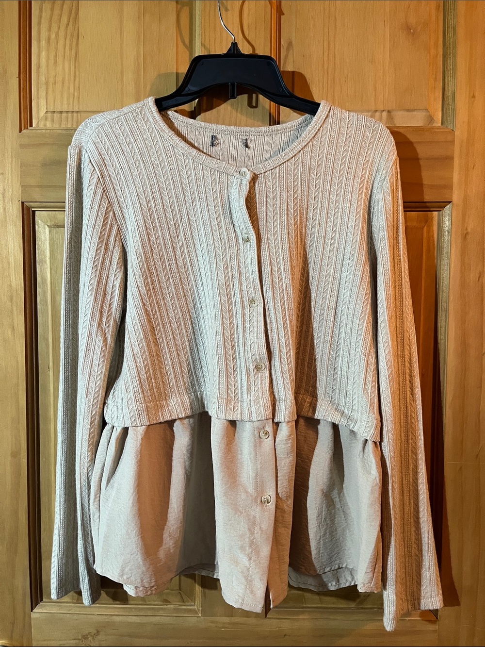 Layered Knit-Blend Button Front Top in Light Beige